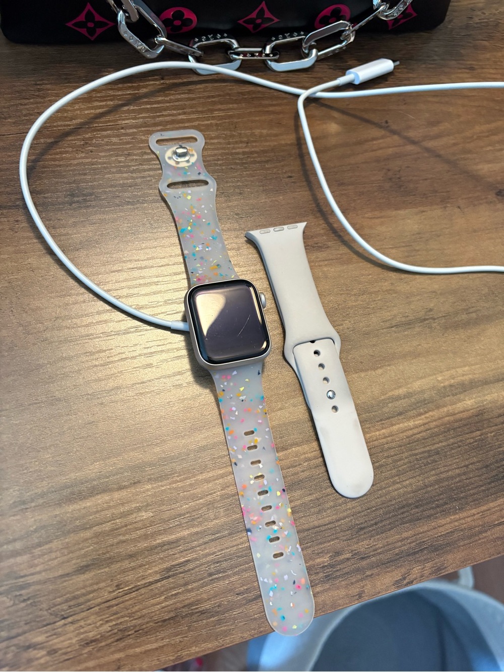 Apple Watch with Confetti Silicone Band and White Sport Band
